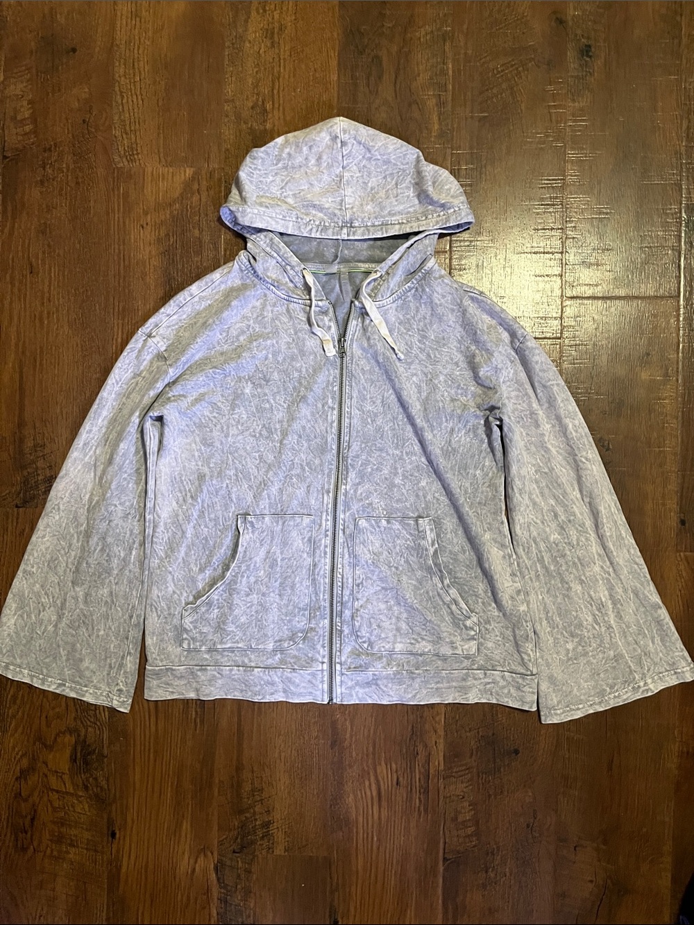 Washed Gray Zip-Up Hoodie Sweatshirt with Bell Sleeves